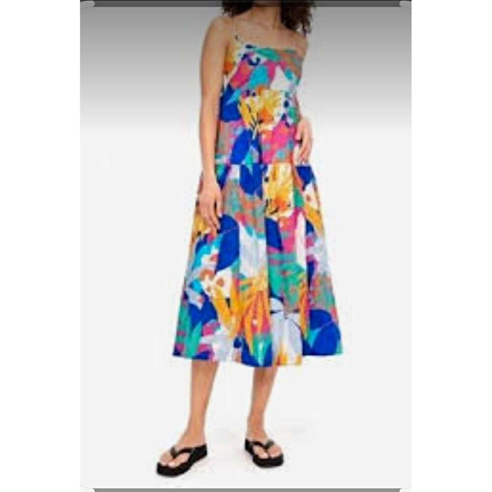 J.CREW Multicolor Tropical Floral Cotton Woven Square Neck Midi Sundress Sz 2
